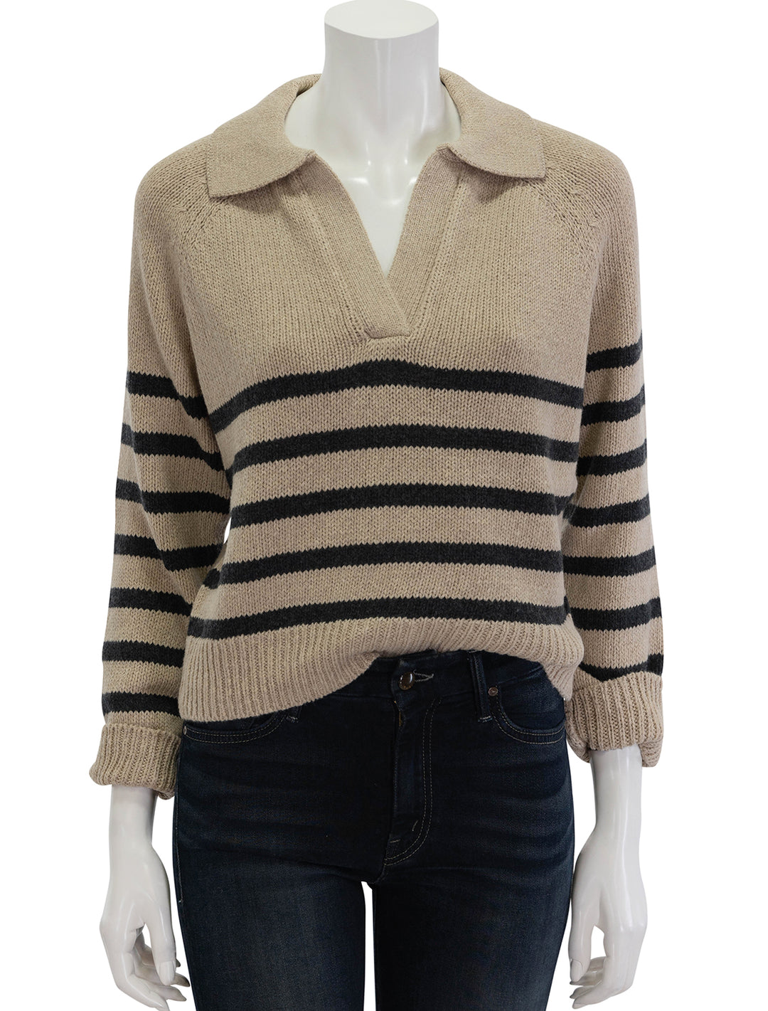 Front view of Marine Layer's relaxed polo sweater in neutral stripe.