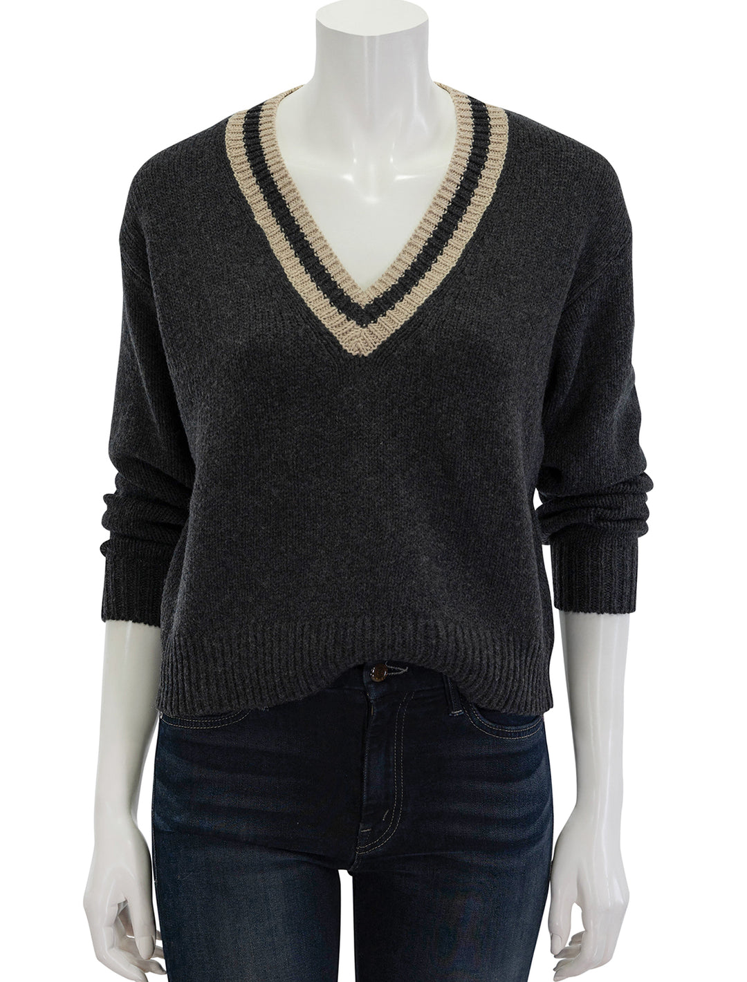 Front view of Marine Layer's slouchy vneck sweater in black.