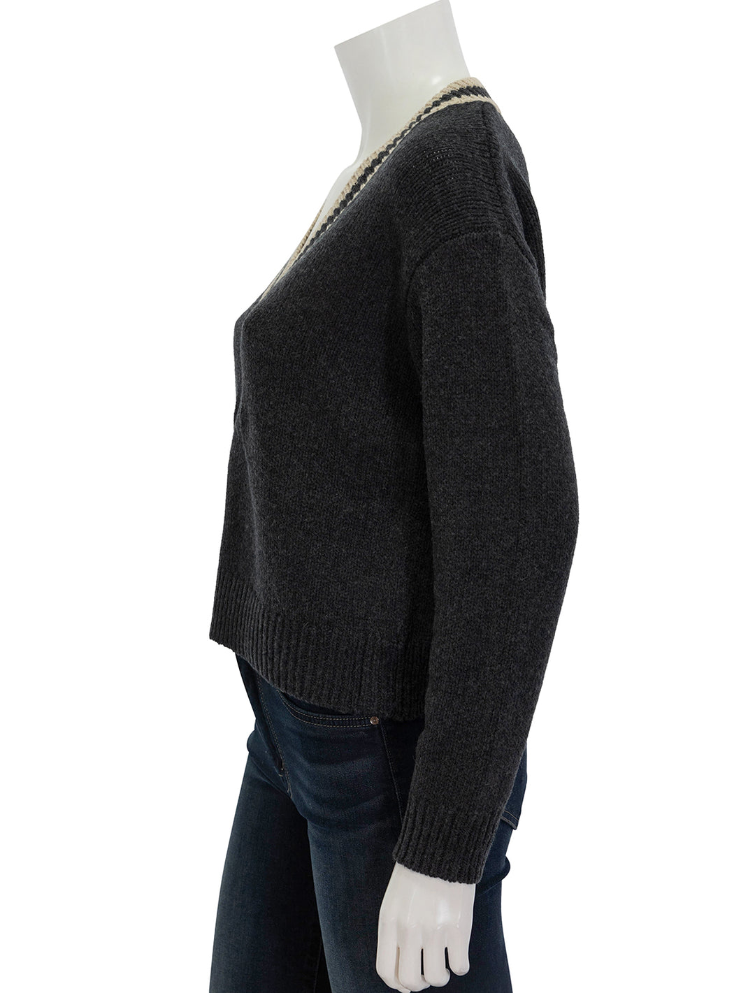 Side view of Marine Layer's slouchy vneck sweater in black.