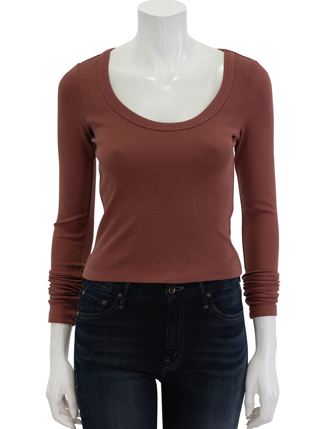 Front view of Marine Layer's garment dyed lexi scoop neck tee in henna.