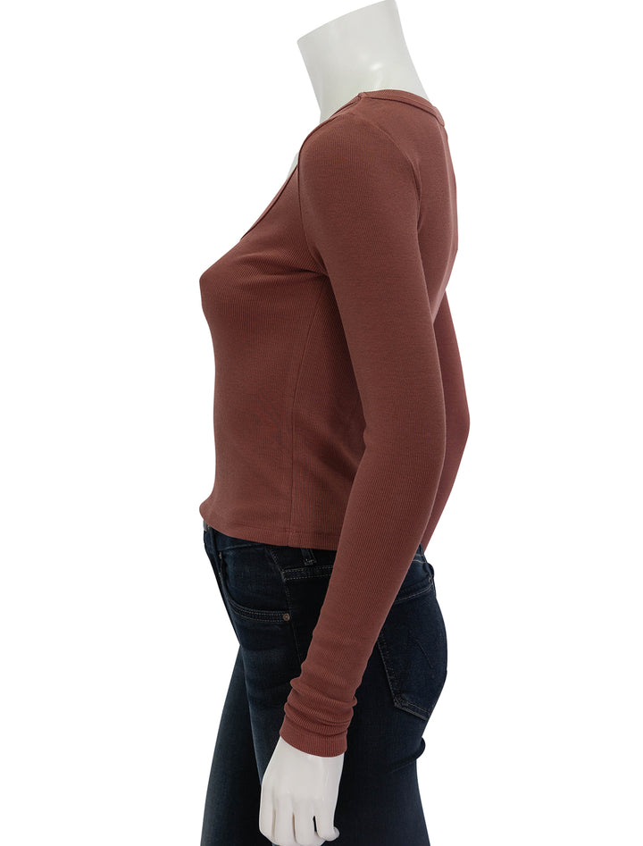 Side view of Marine Layer's garment dyed lexi scoop neck tee in henna.