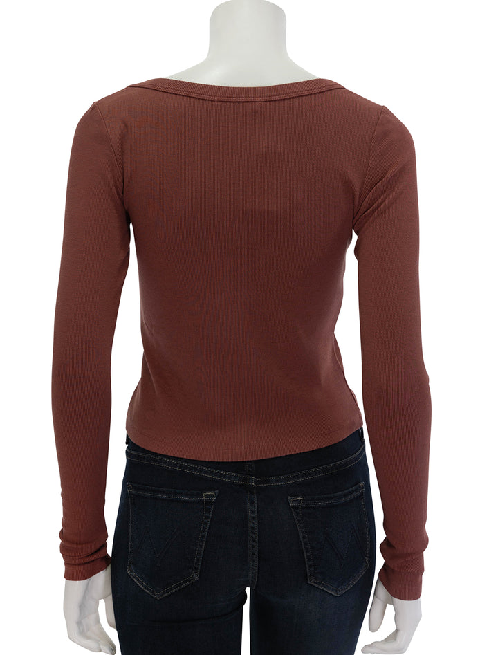 Back view of Marine Layer's garment dyed lexi scoop neck tee in henna.