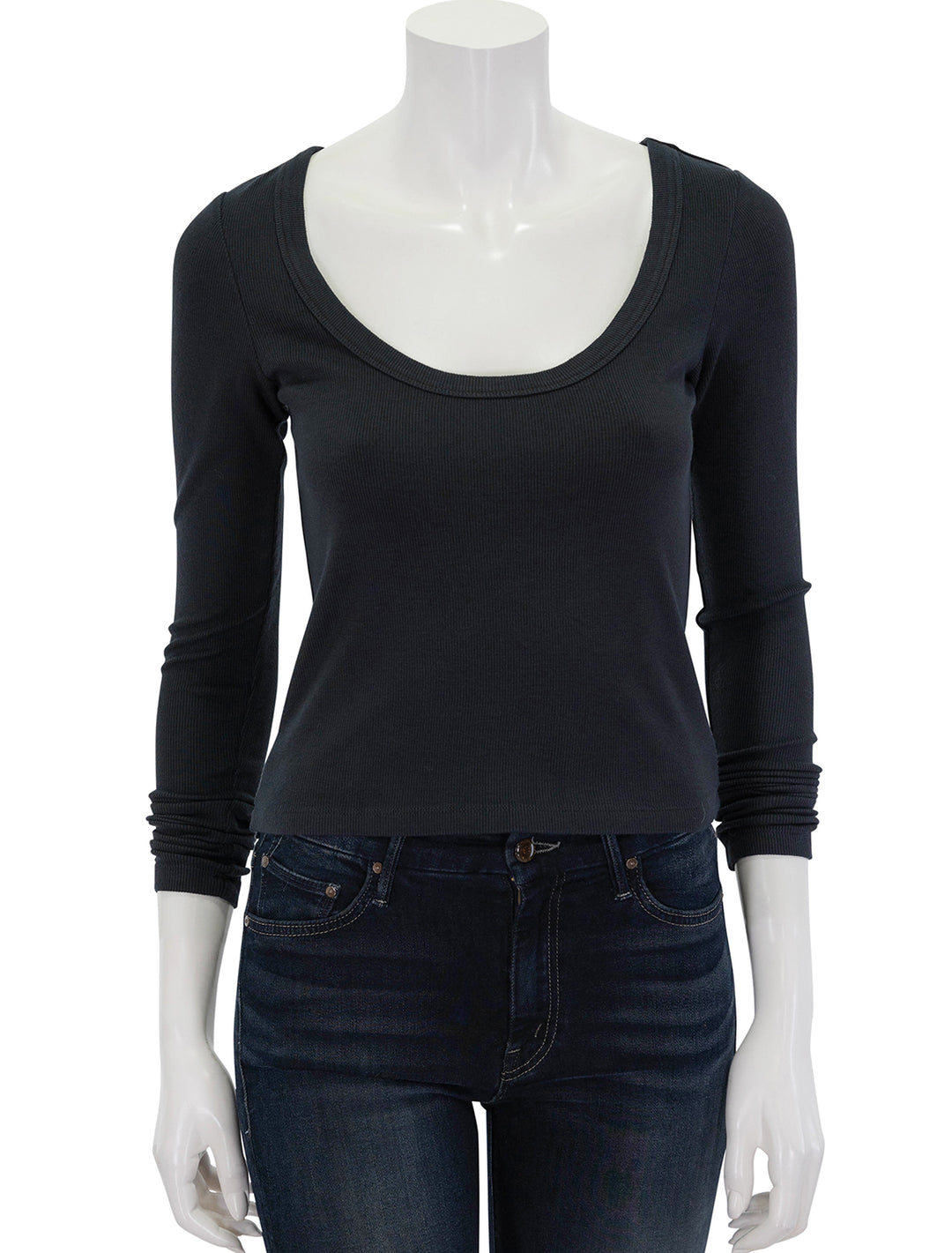 Front view of Marine Layer's garment dyed lexi scoop neck in faded black.