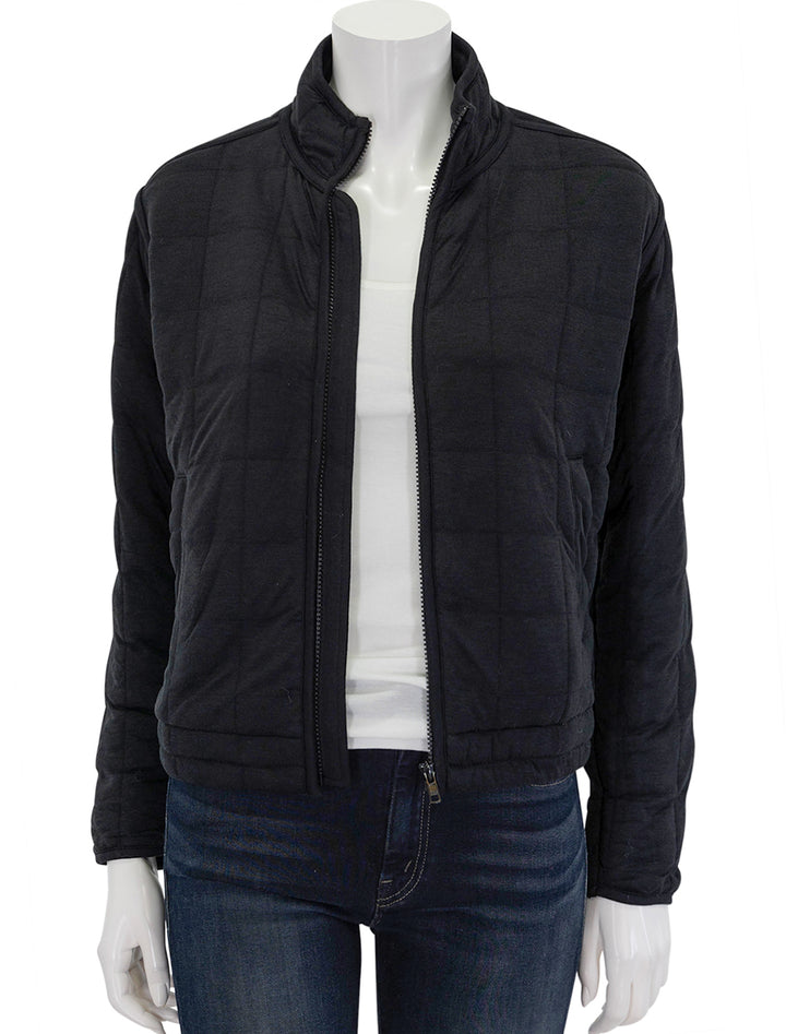 Front view of Marine Layer's corbet slouchy bomber in black, unzipped.