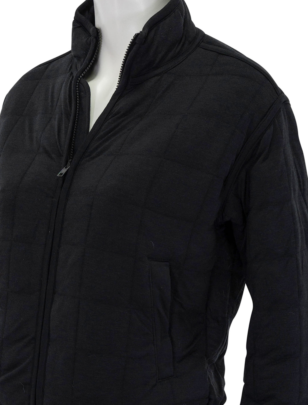 Close-up view of Marine Layer's corbet slouchy bomber in black.