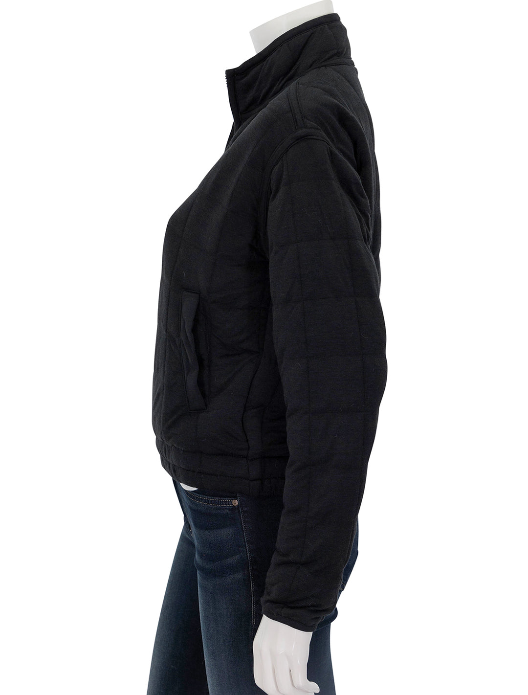 Side view of Marine Layer's corbet slouchy bomber in black.