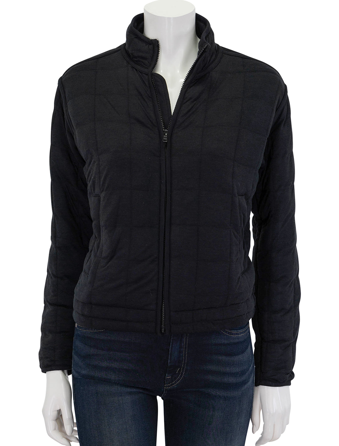 Front view of Marine Layer's corbet slouchy bomber in black, zipped.