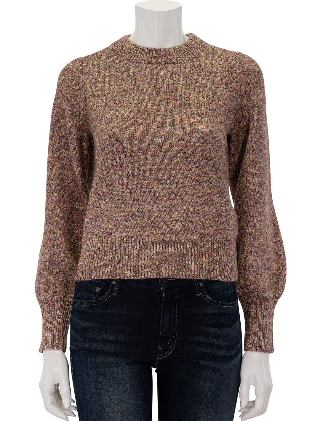 Front view of Marine Layer's alma puff sleeve sweater in warm marl.