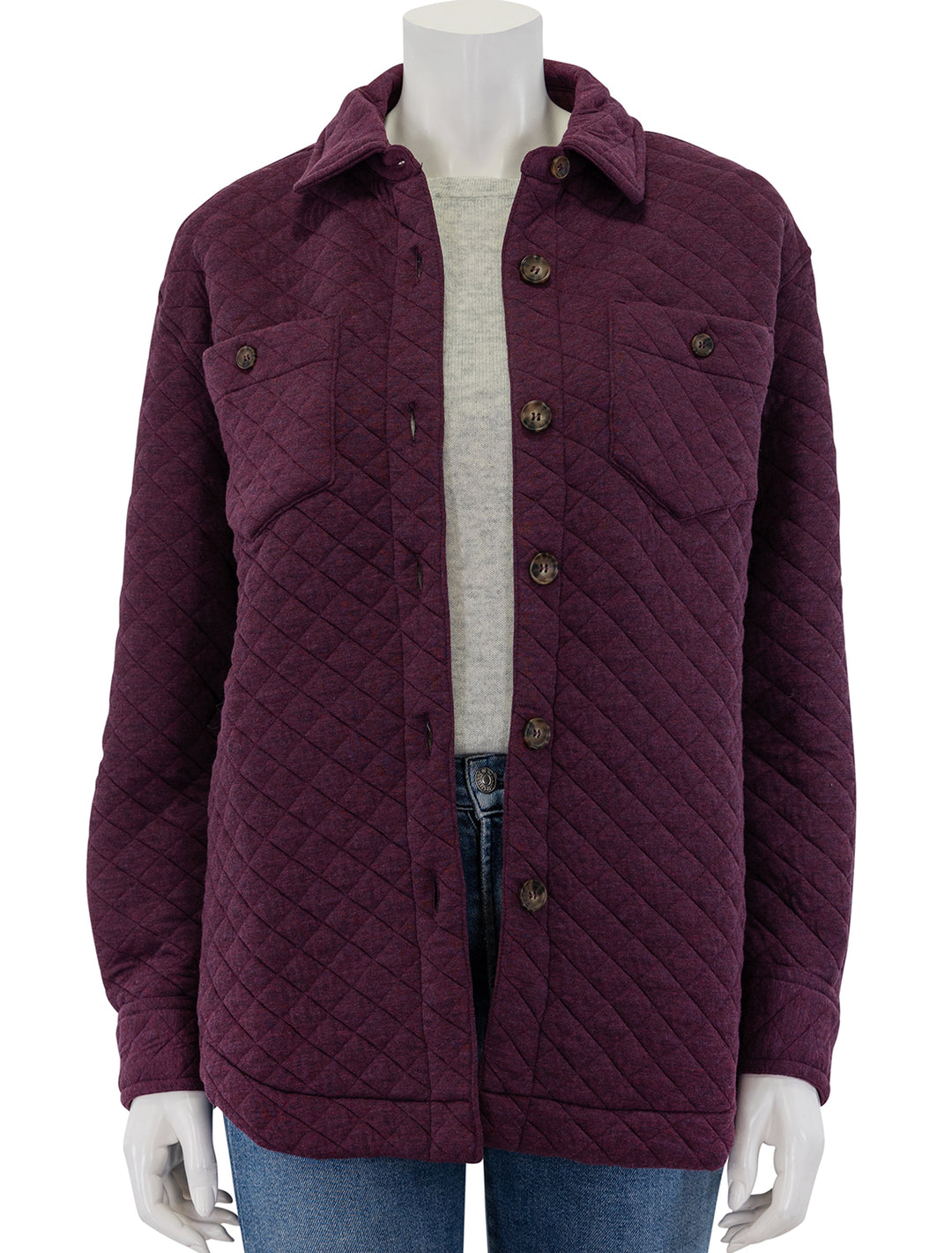 Front view of Marine Layer's corbet shirt jacket in plum perfect.