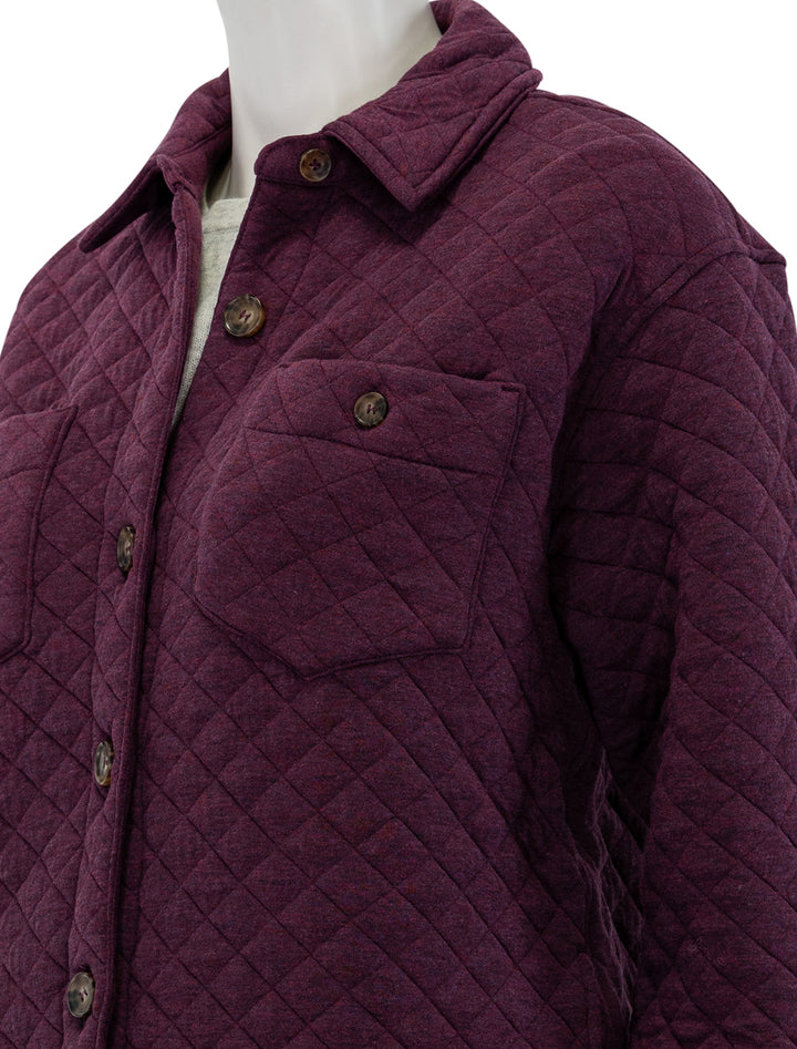 Close-up view of Marine Layer's corbet shirt jacket in plum perfect.