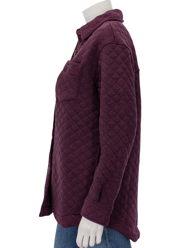 Side view of Marine Layer's corbet shirt jacket in plum perfect.