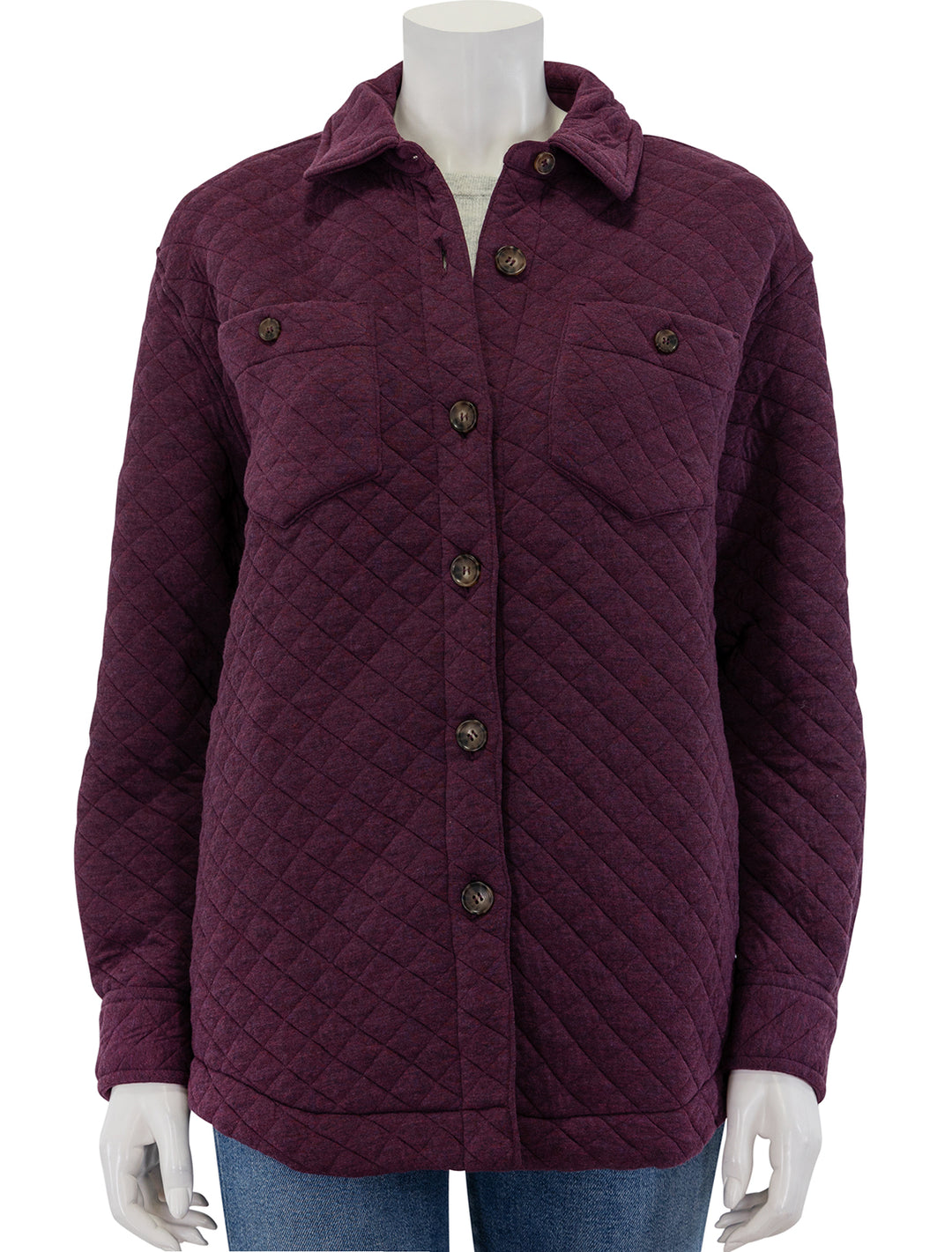 Front view of Marine Layer's corbet shirt jacket in plum perfect, buttoned.