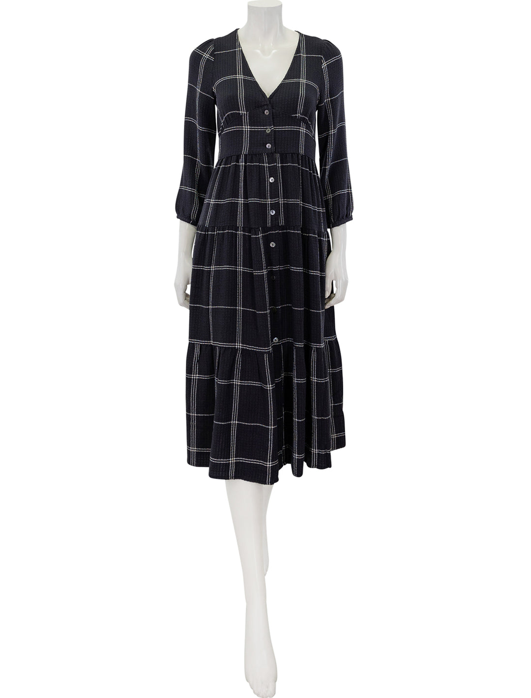 Front view of Marine Layer's maeve maxi dress in black windowpane.