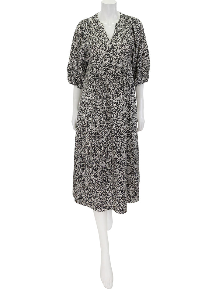 Front view of Marine Layer's lola midi dress in black and white cheetah.