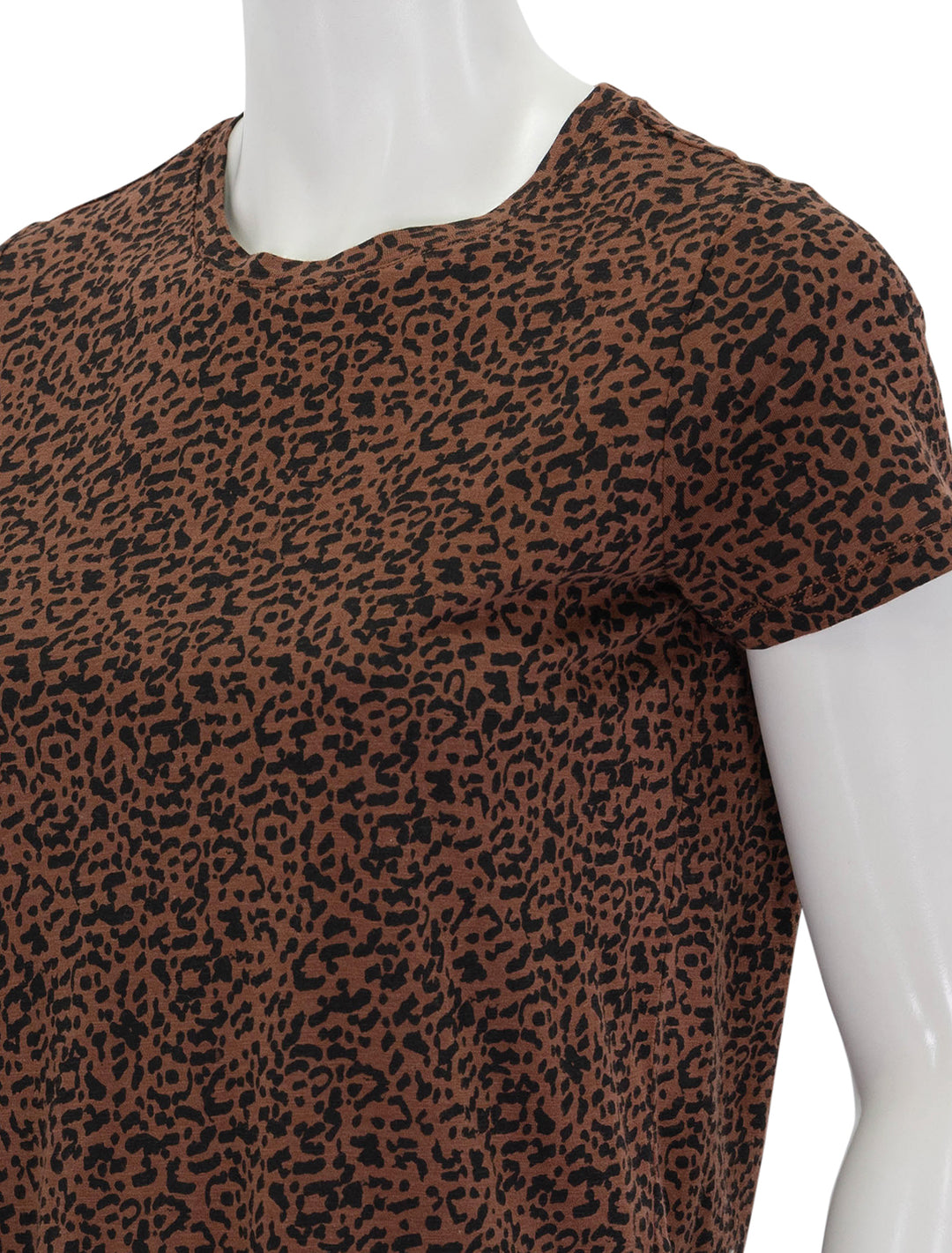 Close-up view of Marine Layer's swing tee in cheetah.