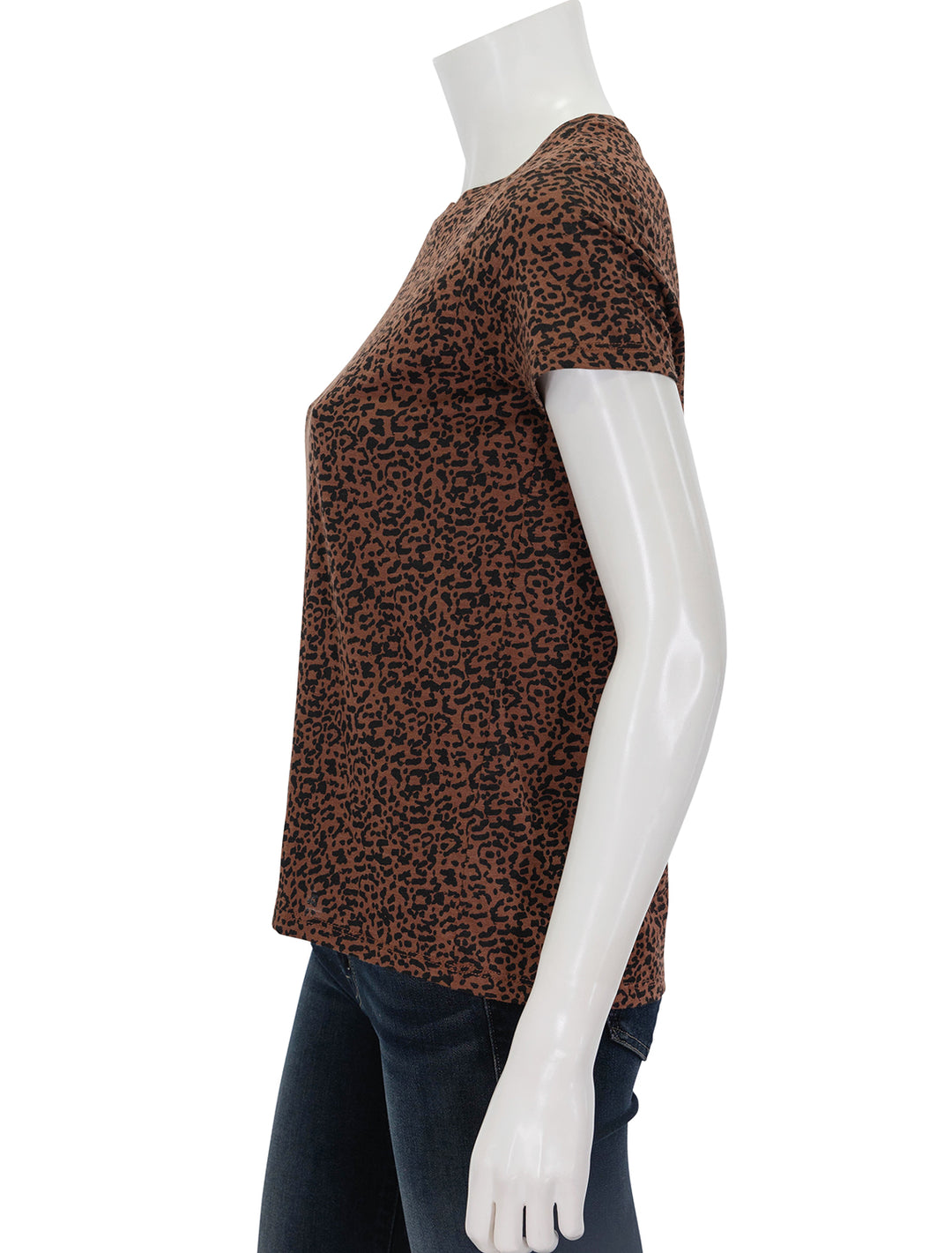 Side view of Marine Layer's swing tee in cheetah.