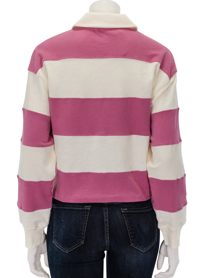 Back view of Marine Layer's rugby polo in raspberry stripe.