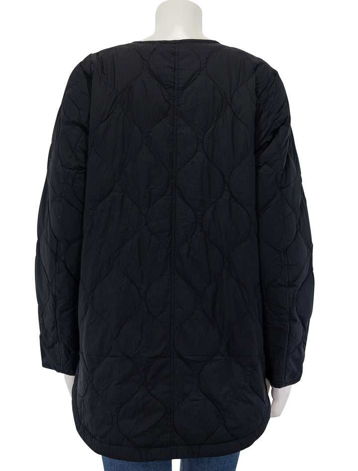 Back view of Marine Layer's mid length quilted coat in black.