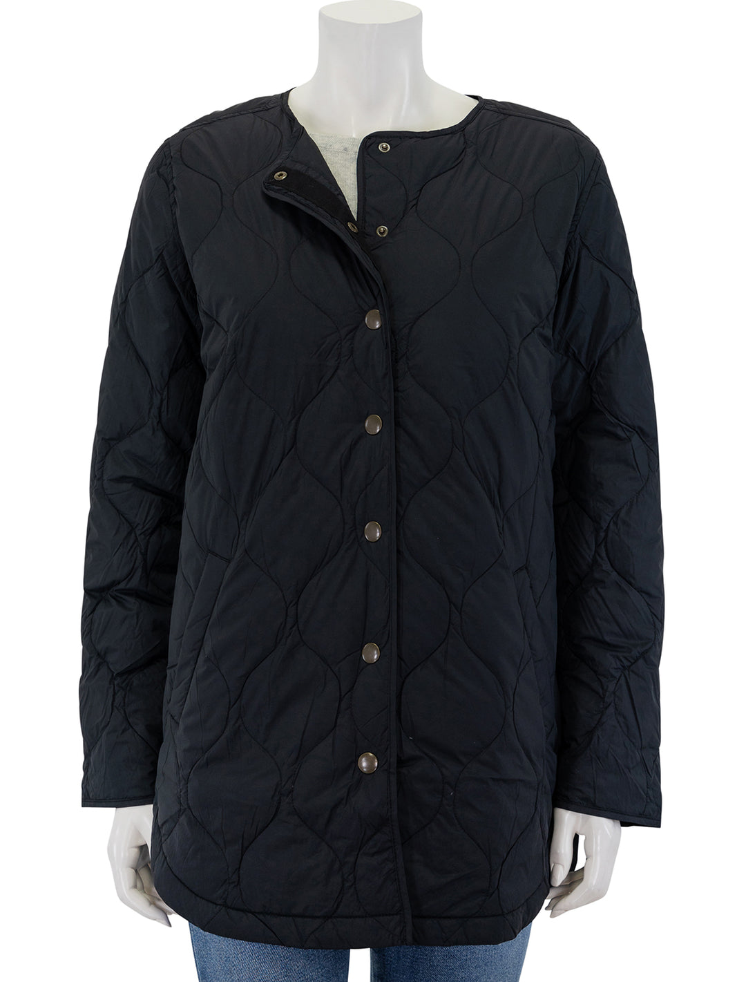 Front view of Marine Layer's mid length quilted coat in black, buttoned.