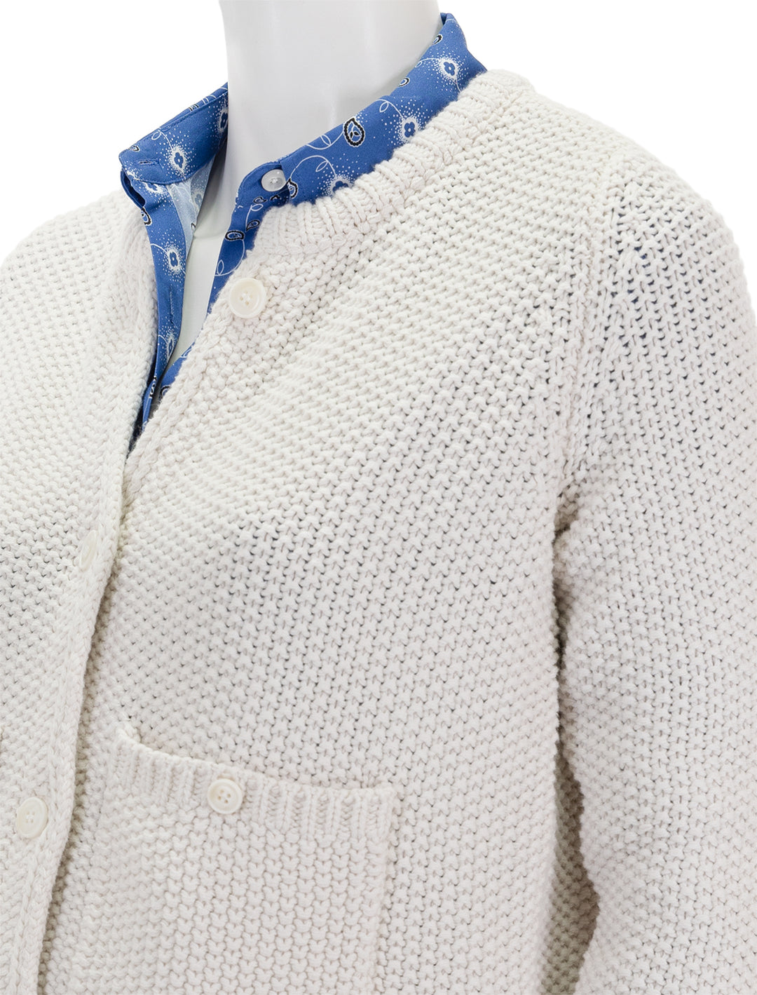 Close-up view of Splendid's andrea cropped cardigan in moonstone.