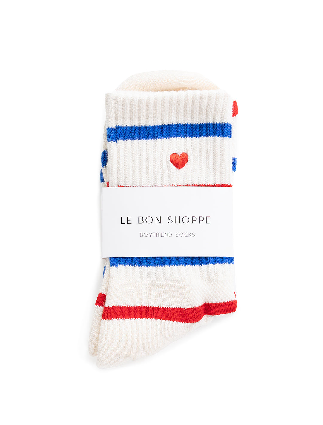 Overhead view of Le Bon Shoppe's embroidered heart striped boyfriend socks in leche