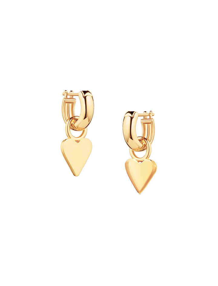 Front view of THATCH's petite heart earrings in gold.