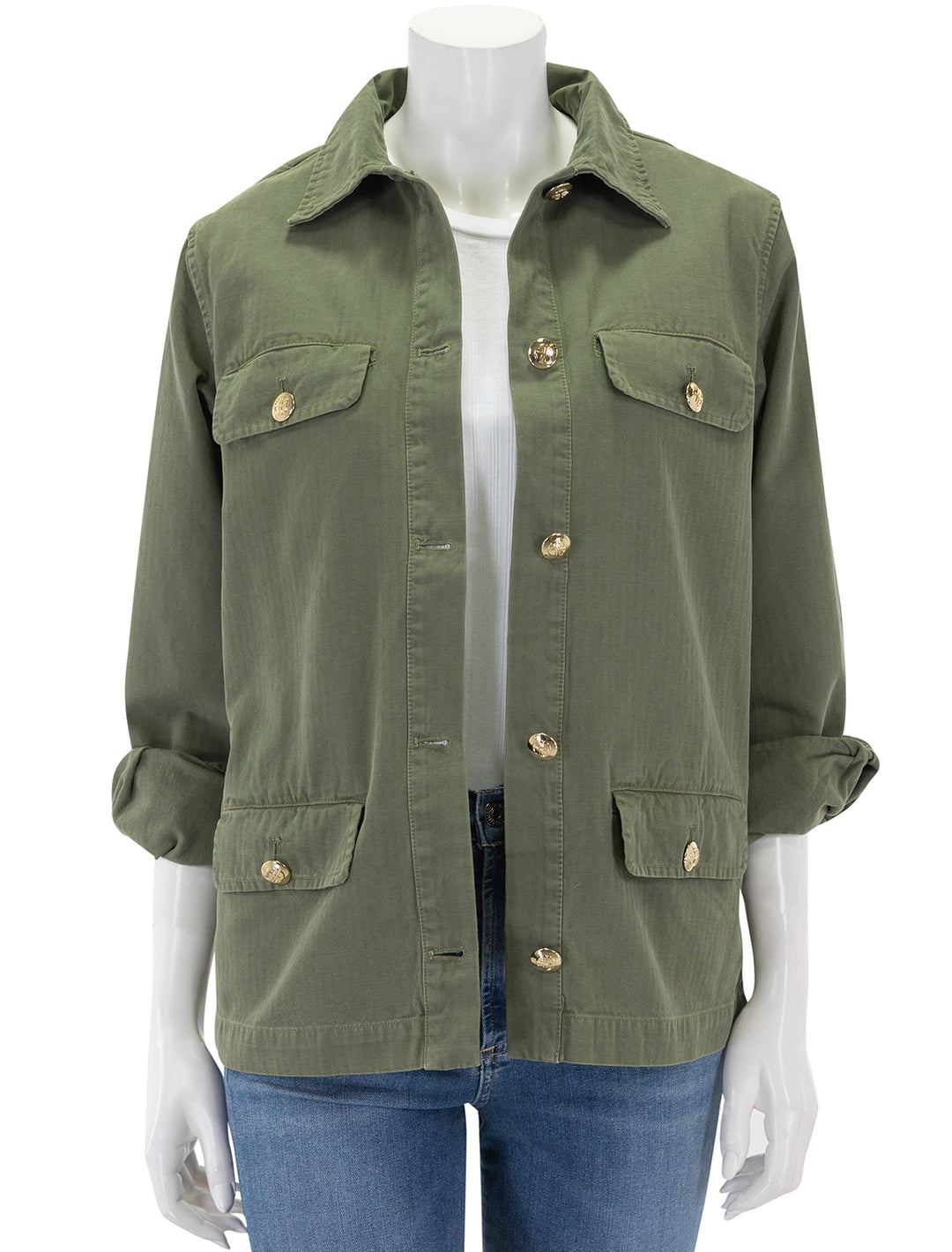 Front view of Anine Bing's corey jacket in army green, unbuttoned.