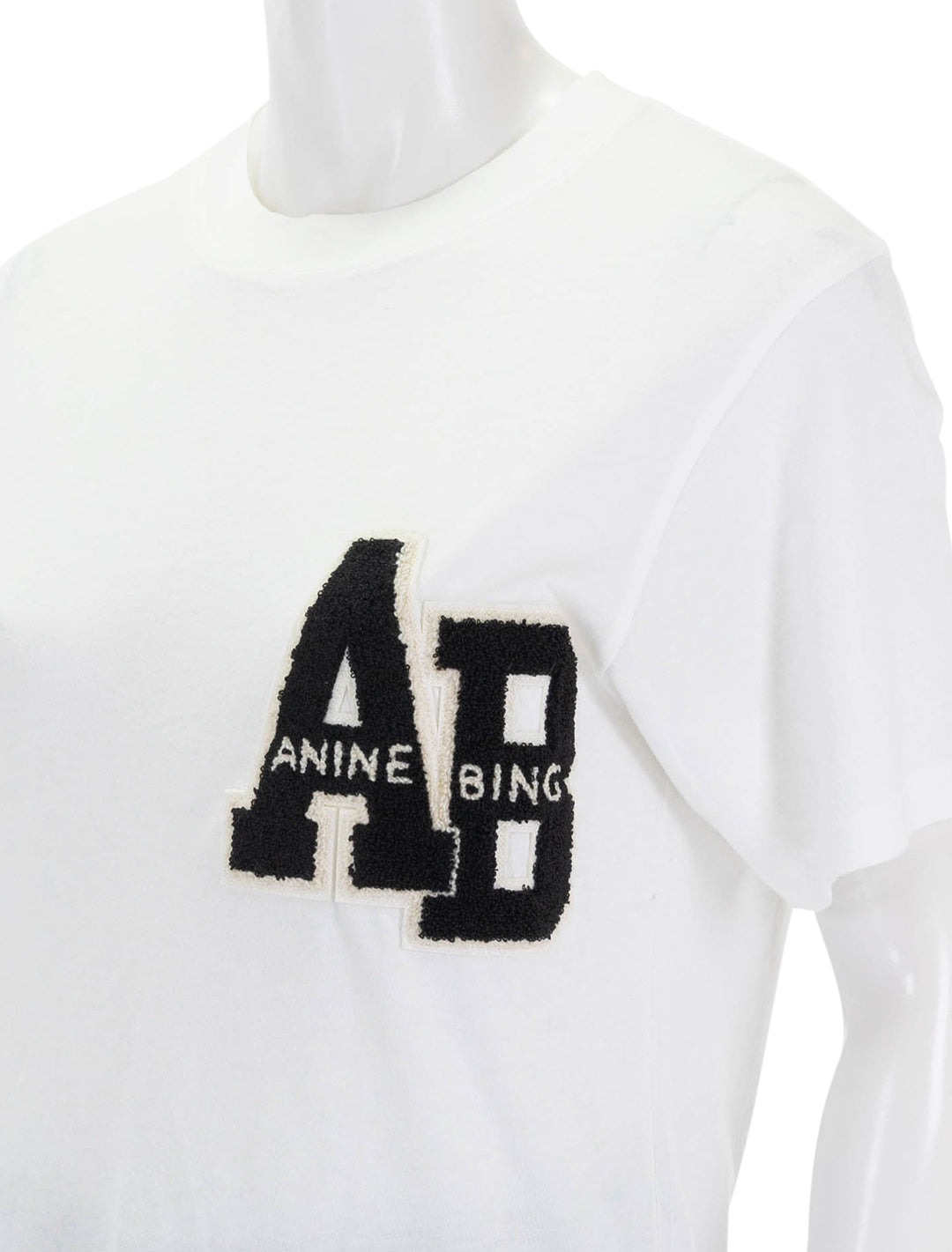 Close-up view of Anine Bing's lili letterman tee in off white.