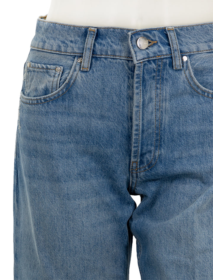 Close-up view of Anine Bing's hugh jean in panama blue.