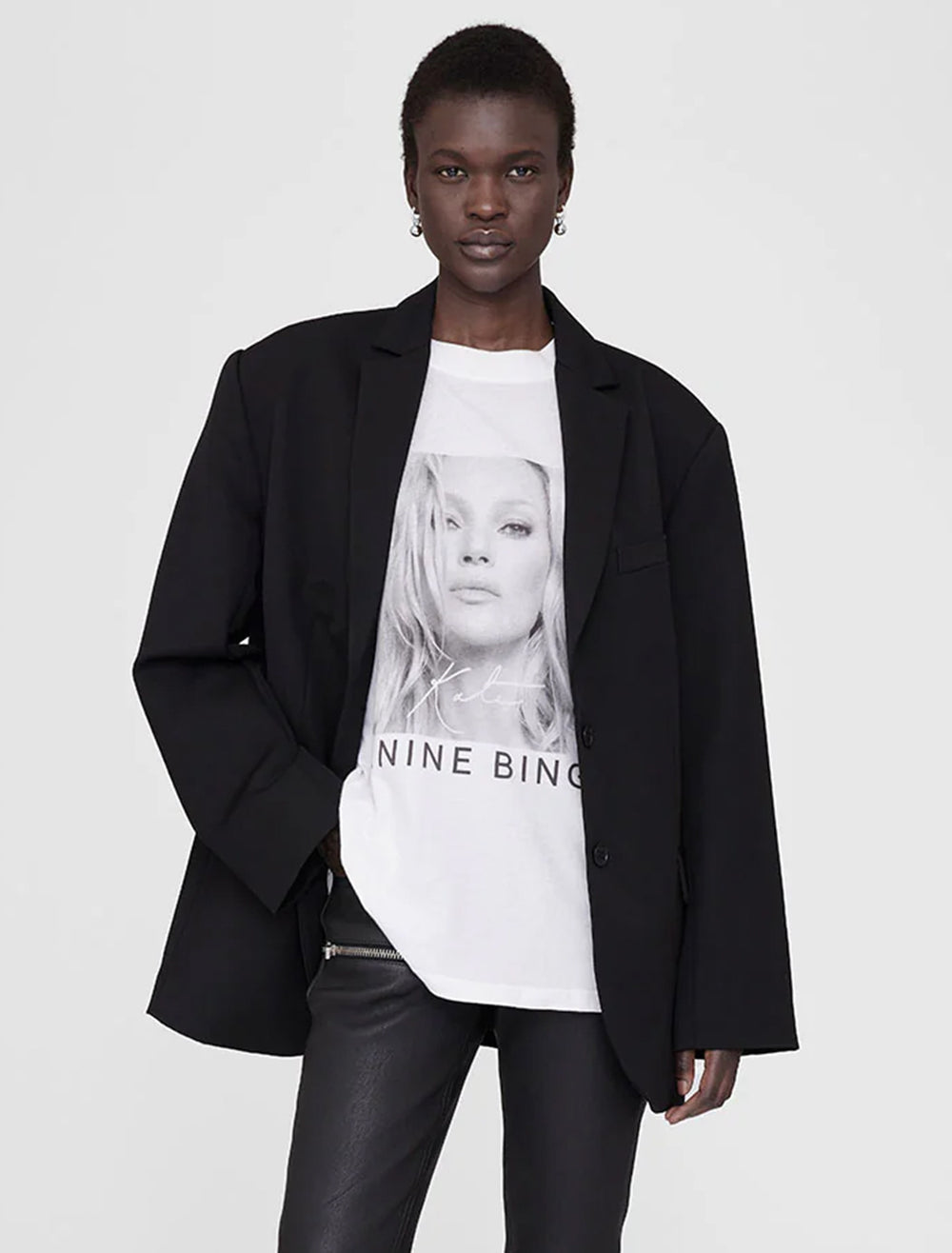 Model wearing Anine bing's avi tee kate moss in white.