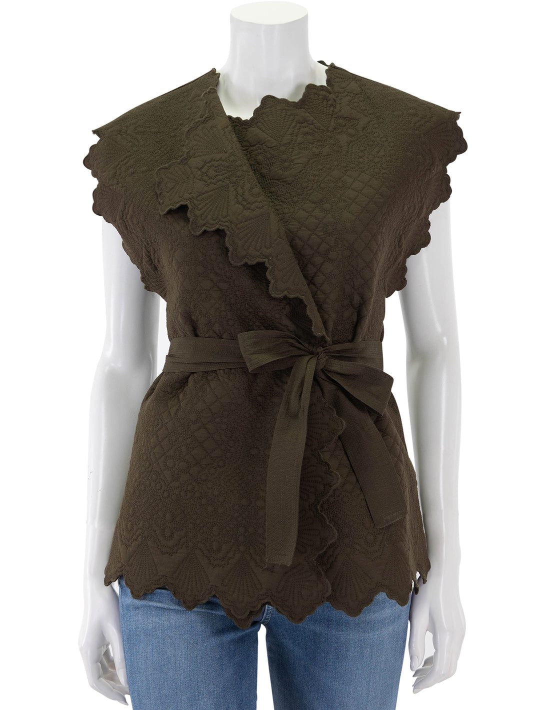 Front view of Ulla Johnson's leiro vest in militaire.