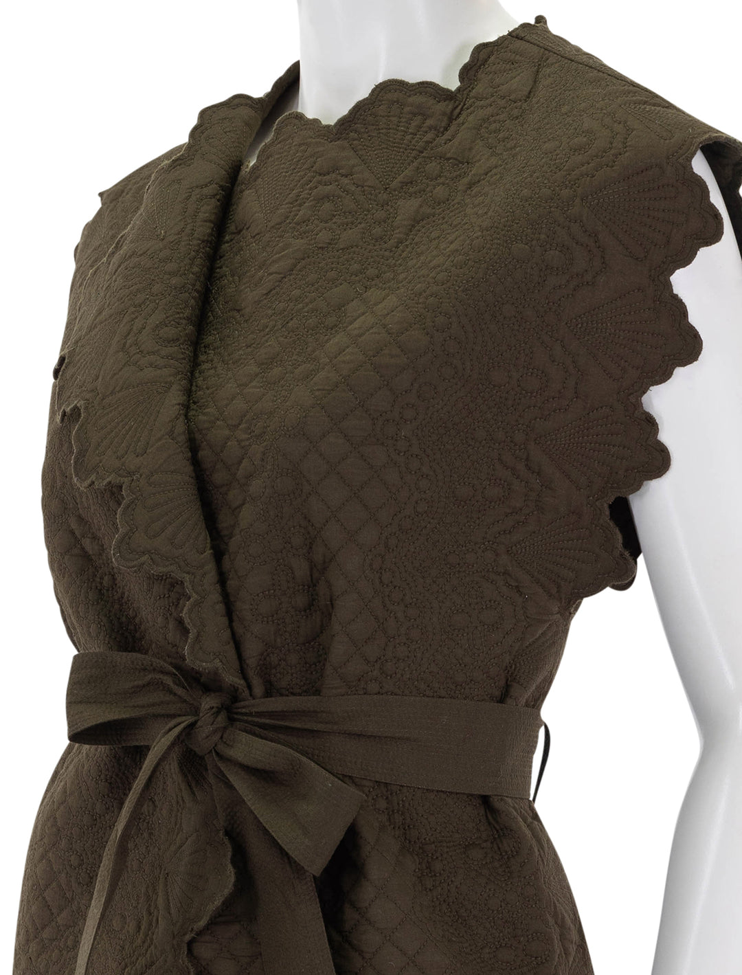 Close-up view of Ulla Johnson's leiro vest in militaire.