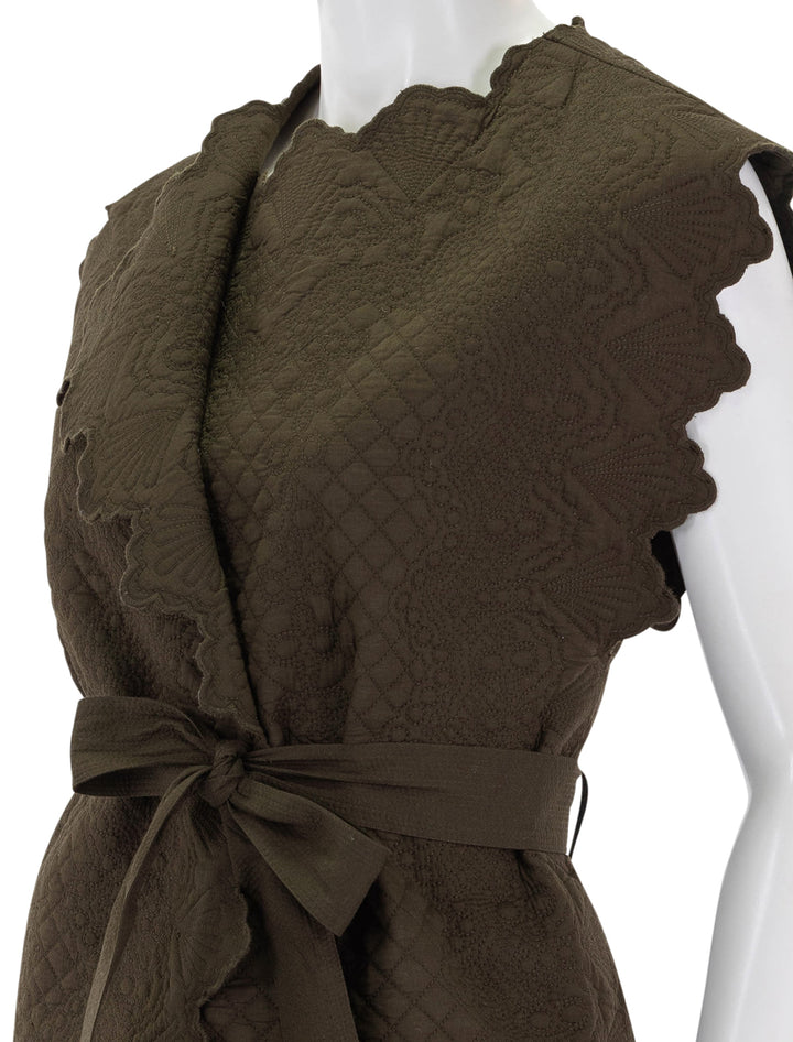 Close-up view of Ulla Johnson's leiro vest in militaire.