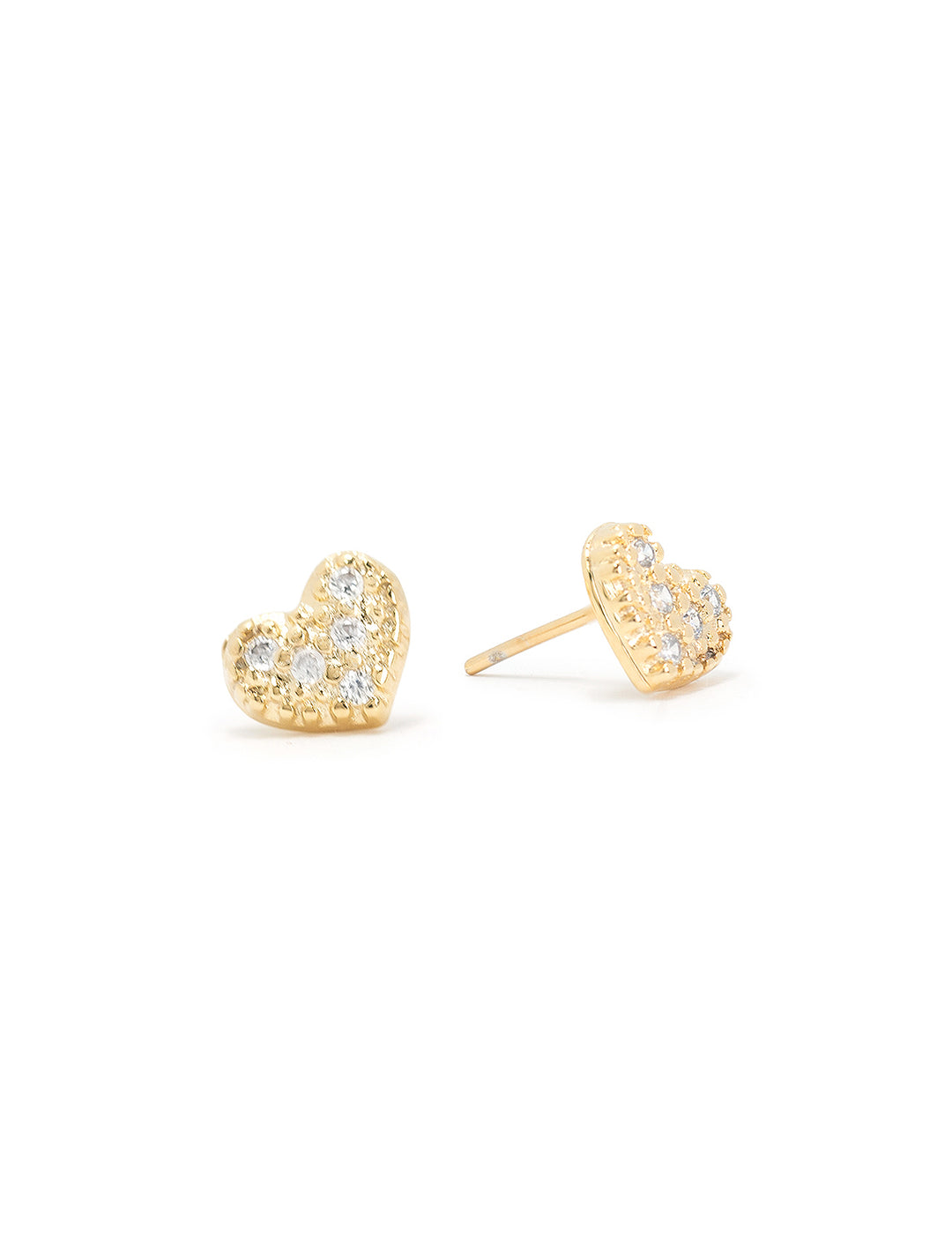Front view of Jonesy Wood's gold filled pave heart studs.