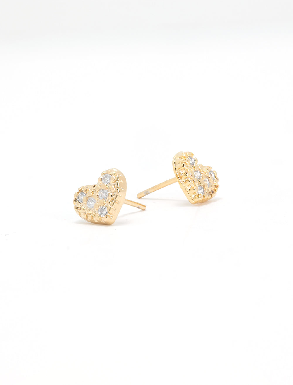 Alternative view of Jonesy Wood's gold filled pave heart studs.