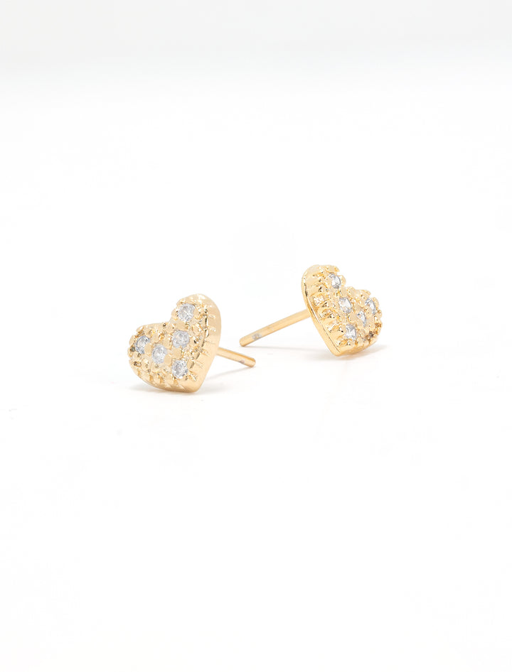Alternative view of Jonesy Wood's gold filled pave heart studs.