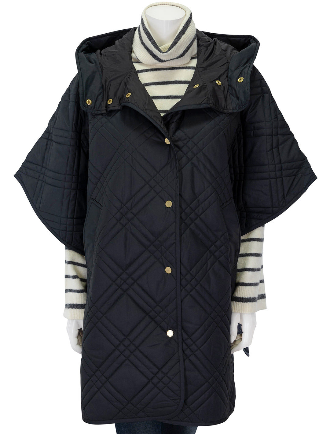 Front view of Barbour's astor quilted cape in black.