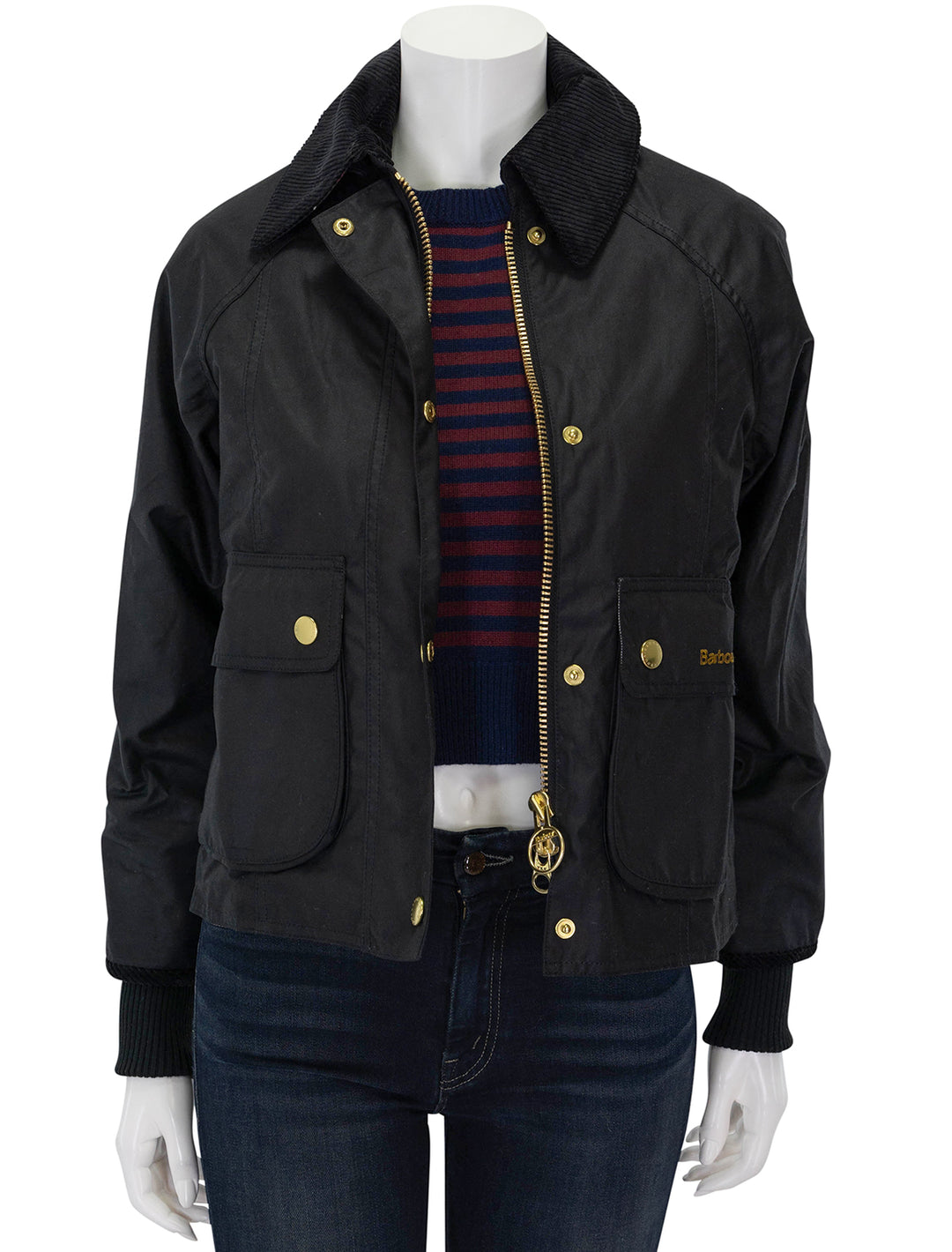 Front view of Barbour's cropped beadnell in black, unzipped.