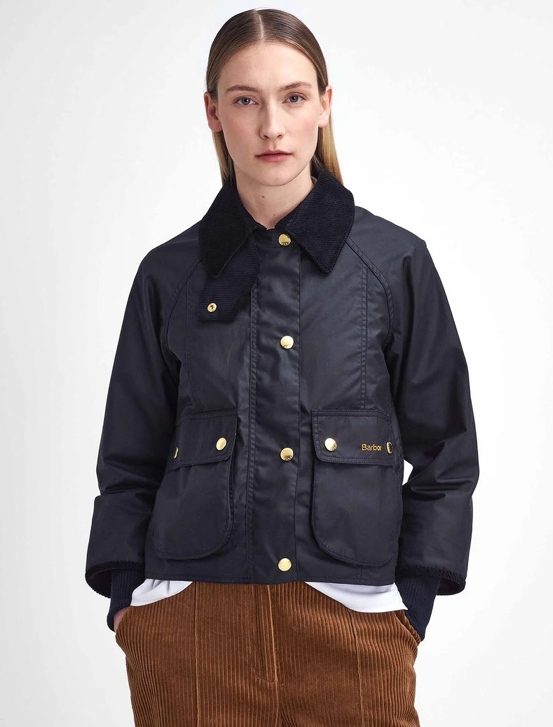 Model wearing Barbour's cropped beadnell in black.