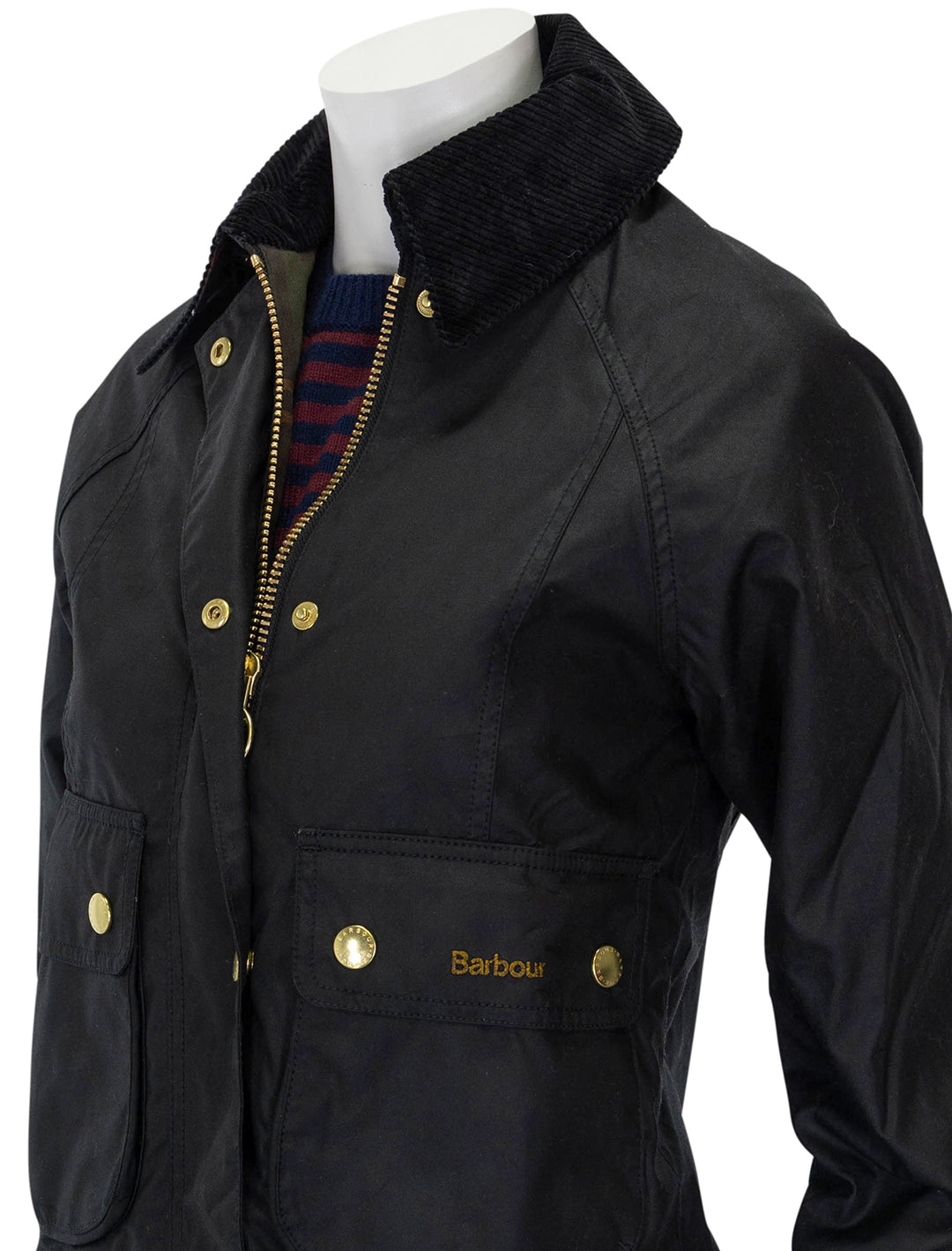 Close-up view of Barbour's cropped beadnell in black.