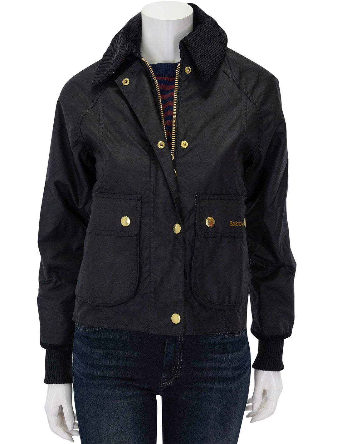 Front view of Barbour's cropped beadnell in black, zipped.