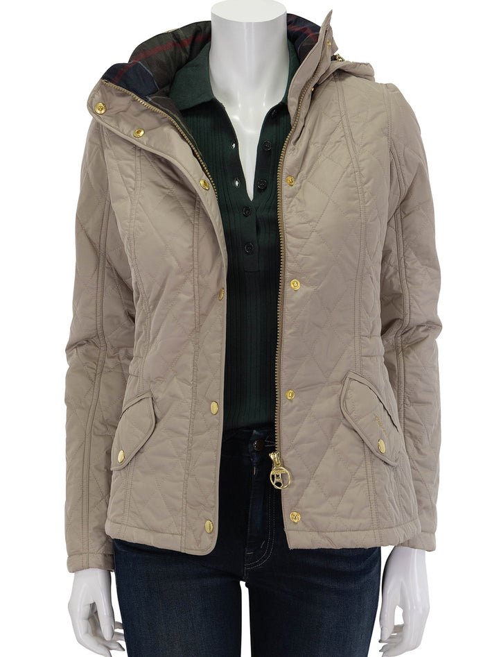 front view of millfire quilted jacket in light trench unzipped