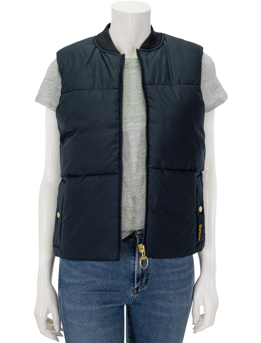 Front view of Barbour's fay gilet in dark navy, unzipped.