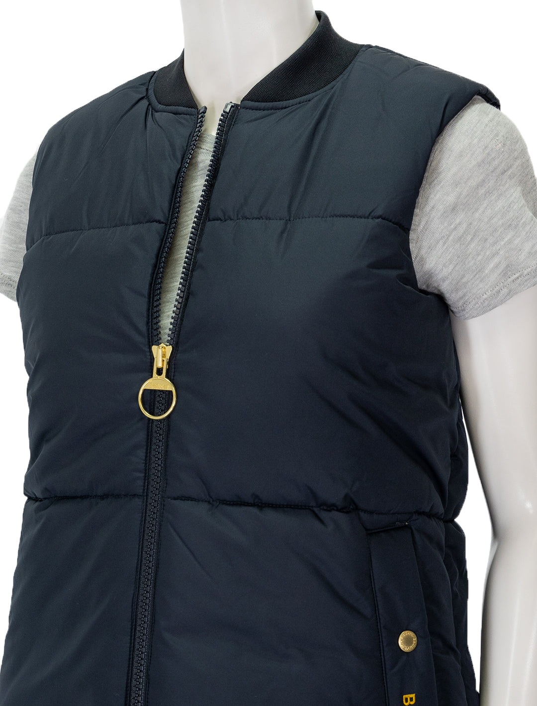 Close-up view of Barbour's fay gilet in dark navy.