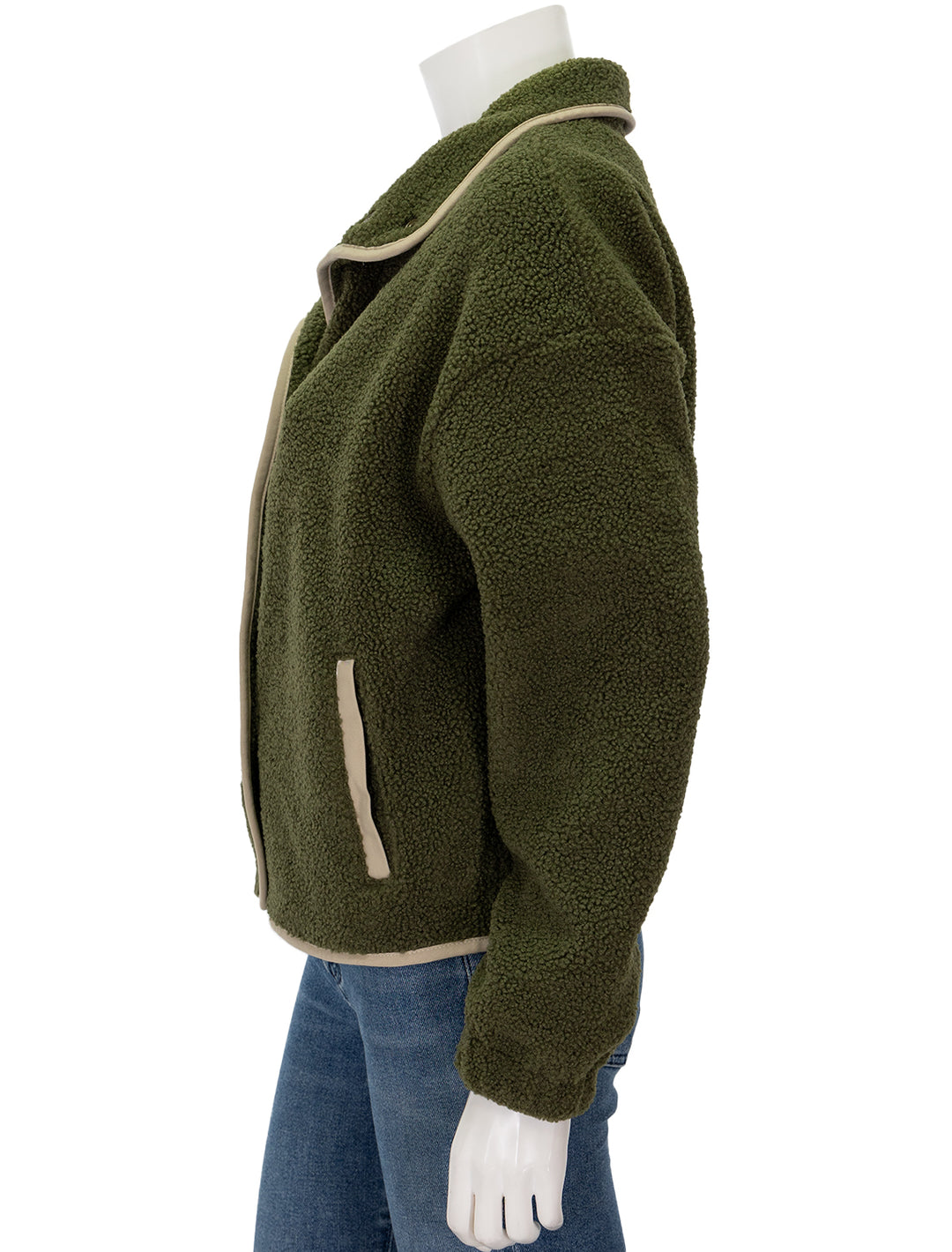 Side view of Barbour's violetta fleece jacket in dark moss.