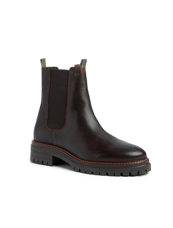 Front angle view of Barbour's evie chelsea boot in brown pebble.