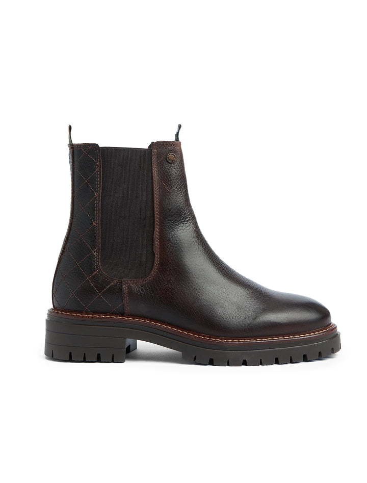 Side view of Barbour's evie chelsea boot in brown pebble.