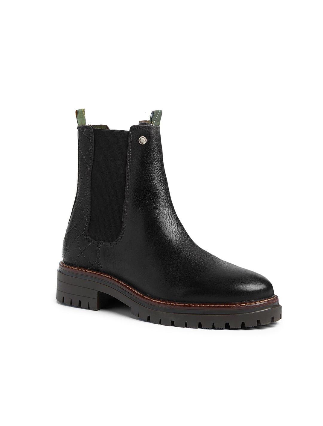 Front angle view of Barbour's evie chelsea boot in black pebble.