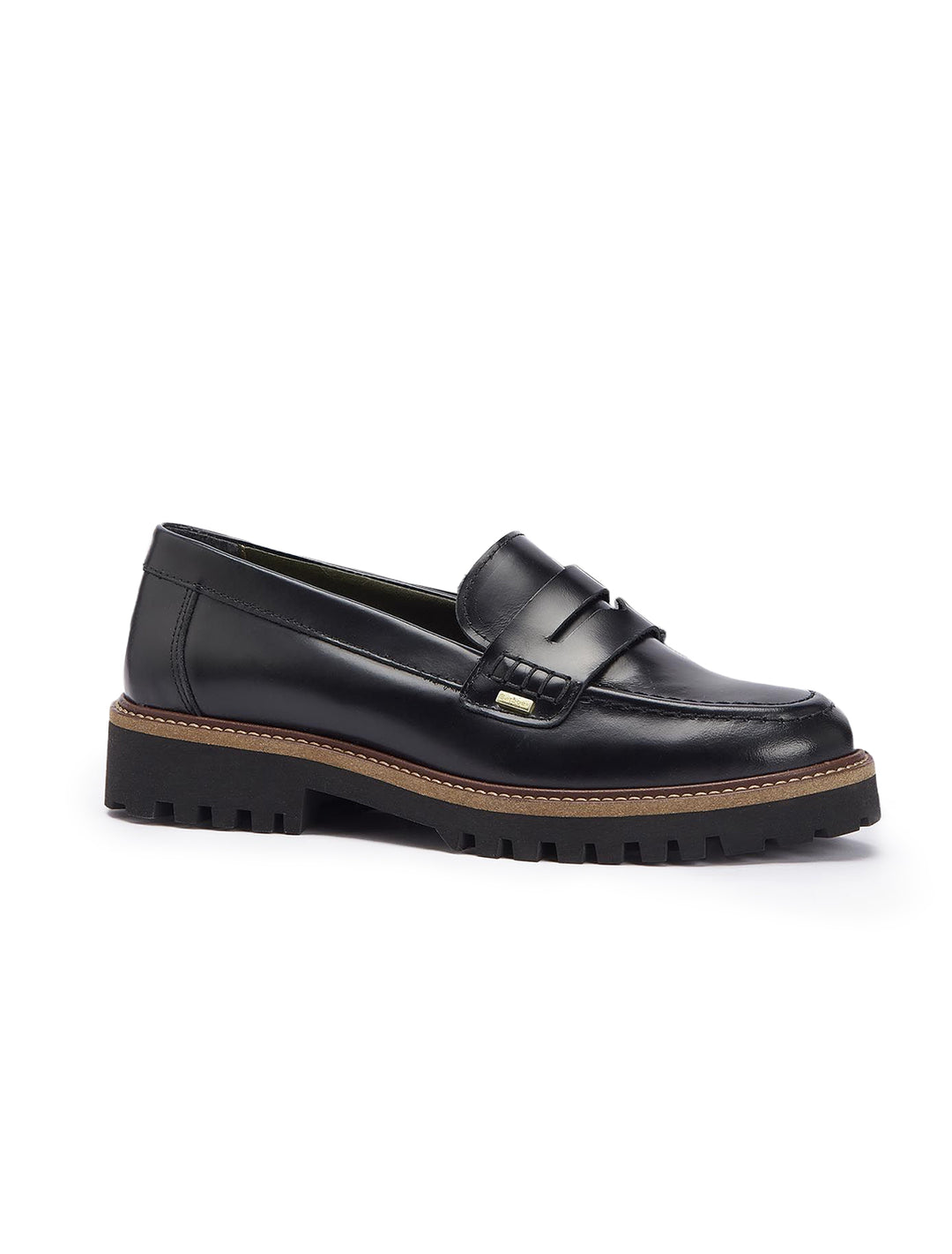 Front angle view of Barbour's ludlow penny loafer in black polido.