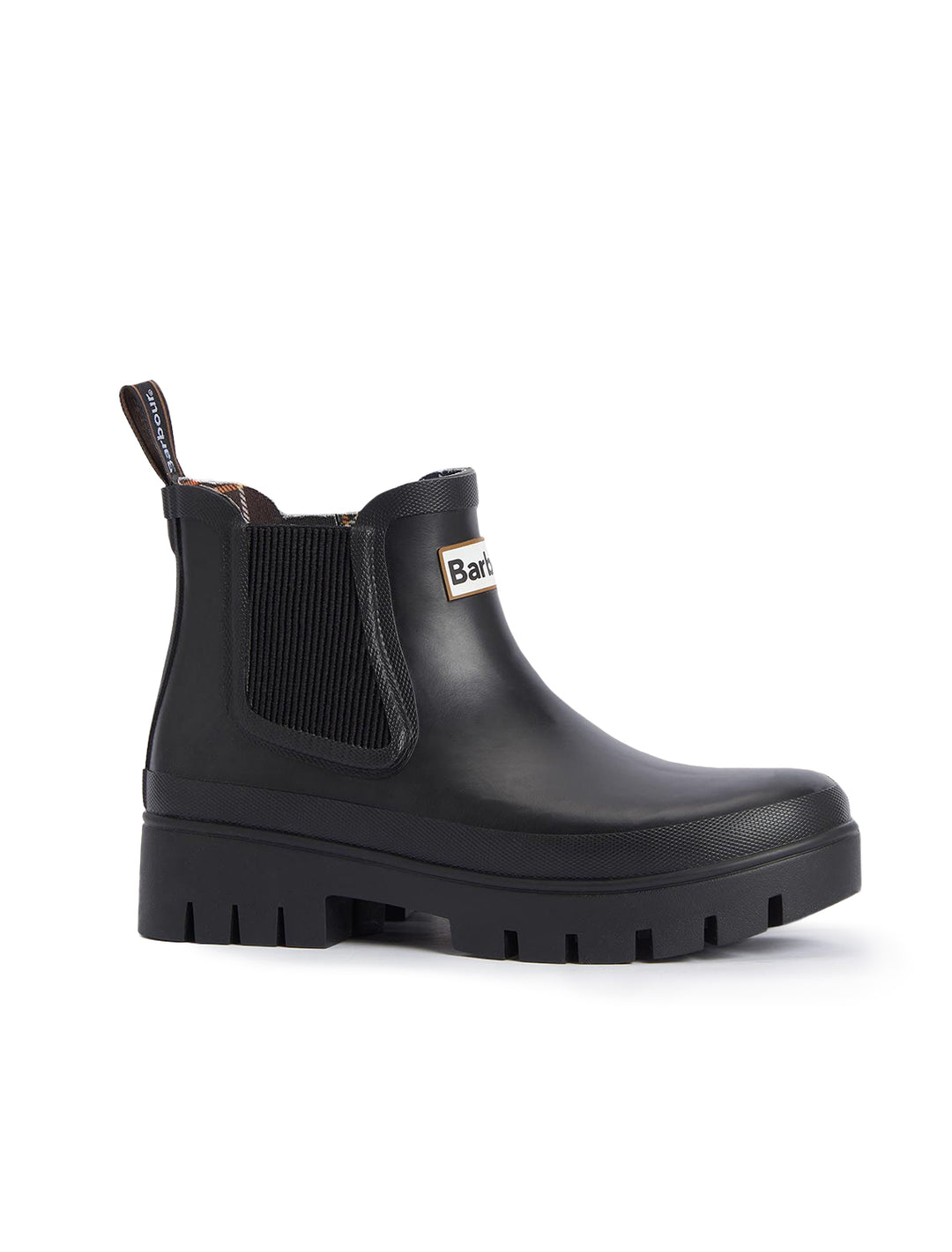 Front angle view of Barbour's halton chelsea welly boot in black.